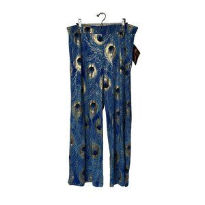 Iman Women’s Size XLP Pants Peacock Feather Pattern Blue Gold Palazzo NWT